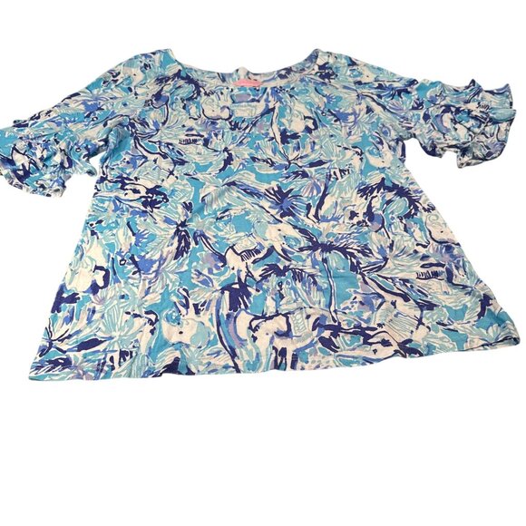 Lilly Pulitzer Blouse Womens Elephant Lula Ruffle Sleeve Top Resort Tropical - Picture 1 of 16